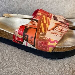 Birkenstock Vintage Birkis Red and Tan Collage Slide Sandals pinup print